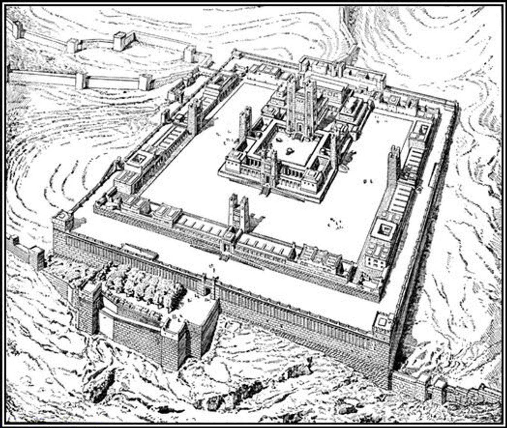 A picture of the future Temple according to the Book of Ezekiel (40-48) by 19th-century French scientist and architect Charles Chipiez