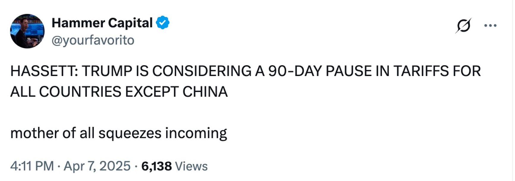Анонимный аккаунт Hammer Capital первым опубликовал фейковый «заголовок» о паузе