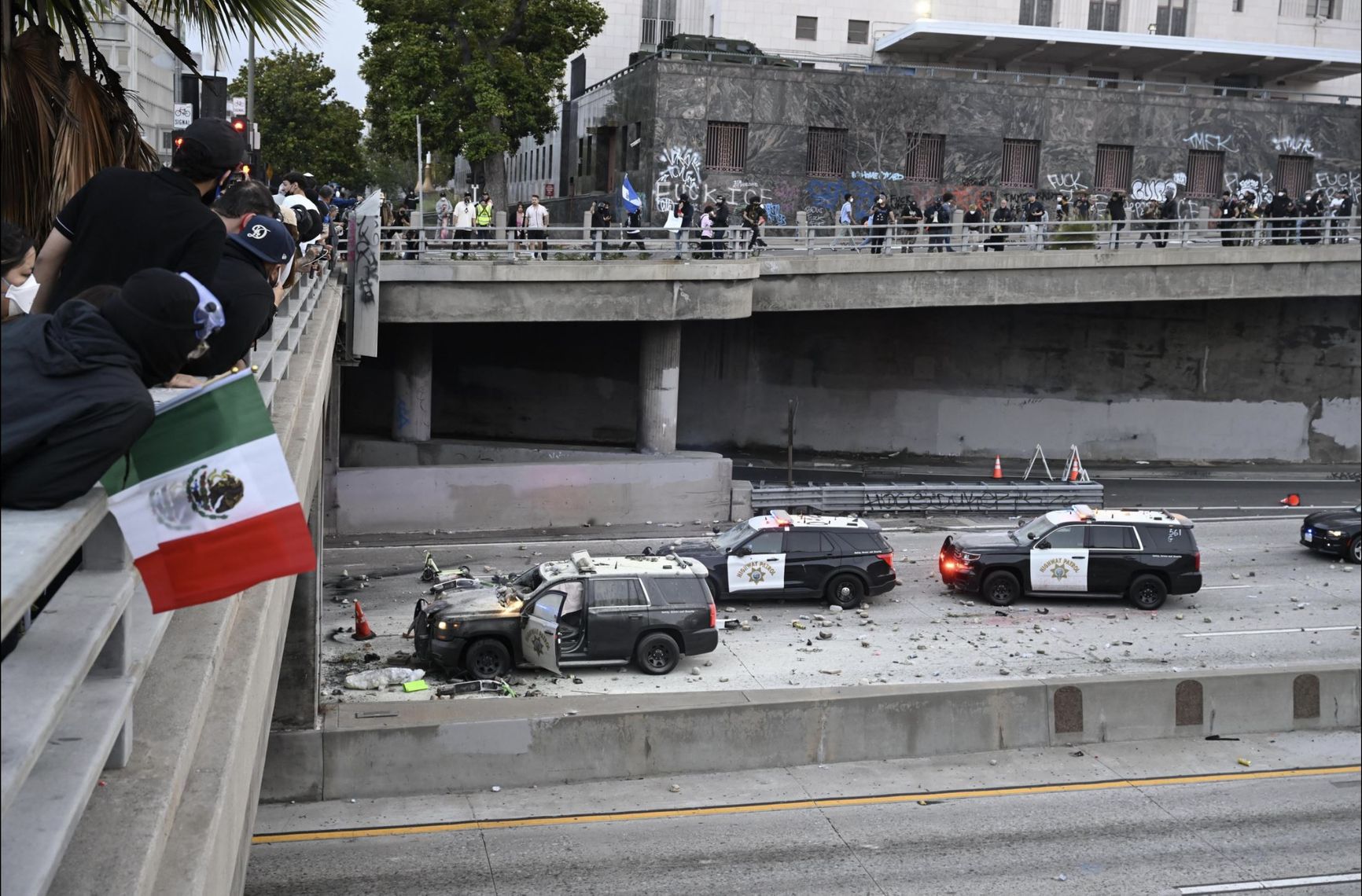 Destroyed police cars in LA