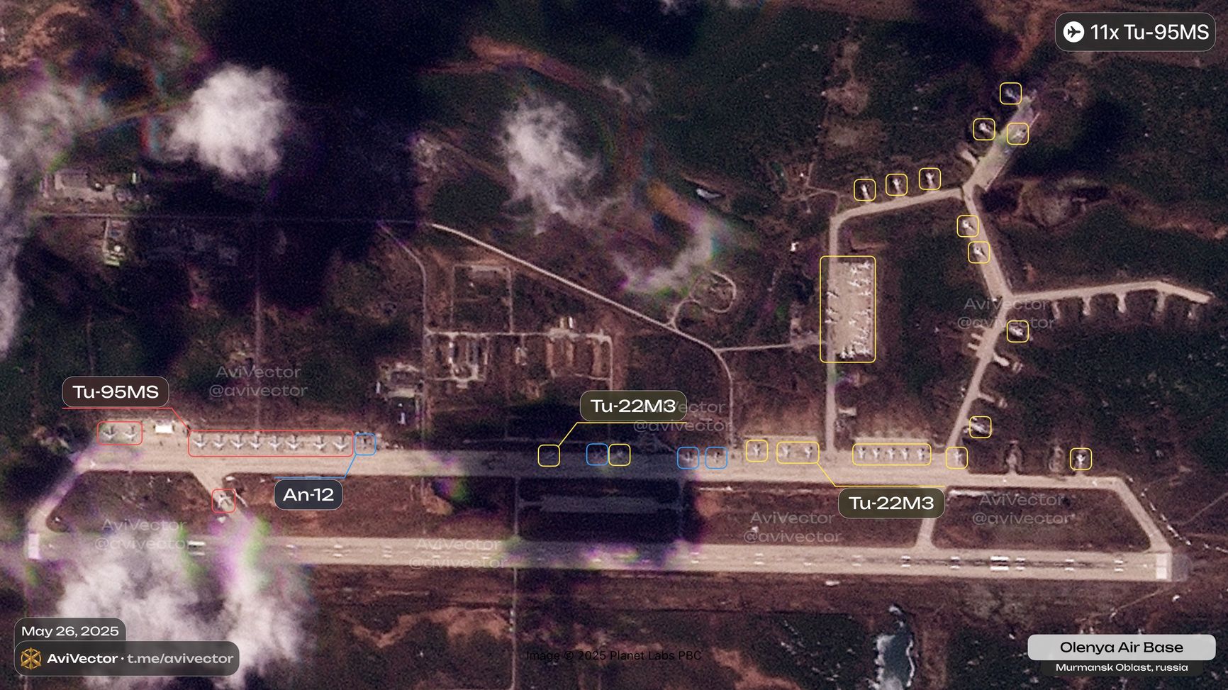 Спутниковый снимок аэродрома Оленья в Мурманской области от 26 мая 2025 года