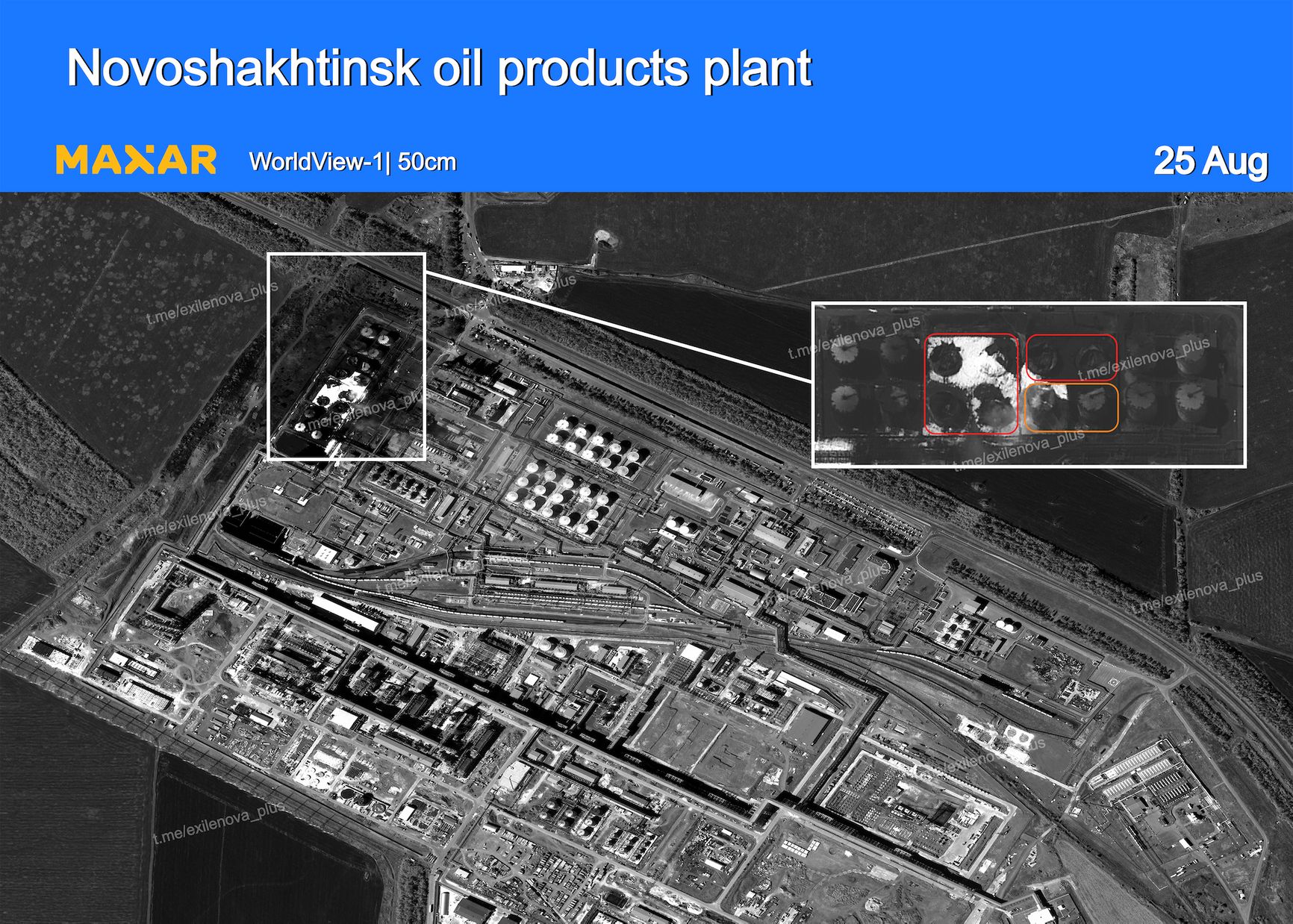 Спутниковый снимок последствий налета на Новошахтинский НПЗ в Ростовской области