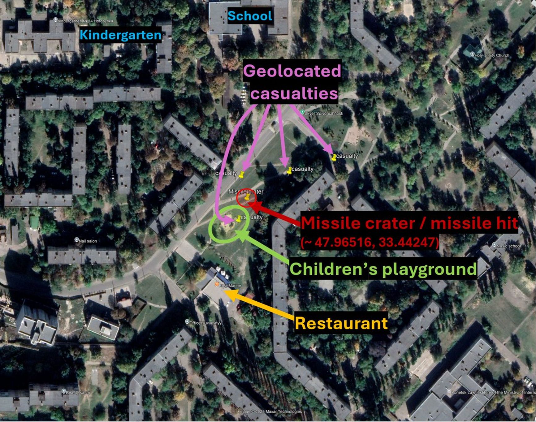 Место попадания ракеты в Кривом Роге 4 апреля 2025 года
